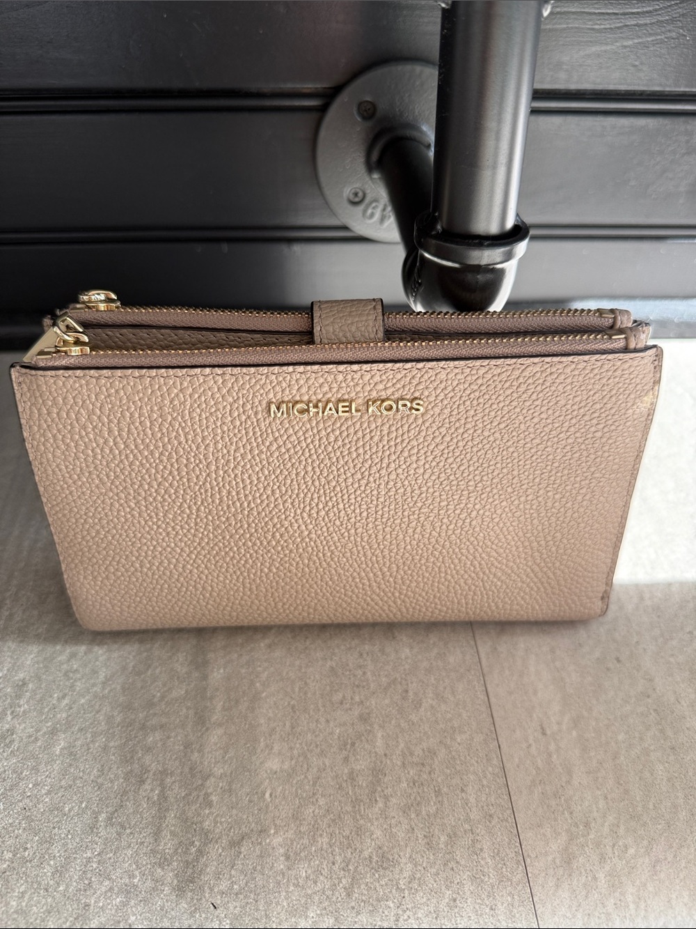 Michael Kors Pebbled Taupe Leather Zip Wallet with Gold Logo
